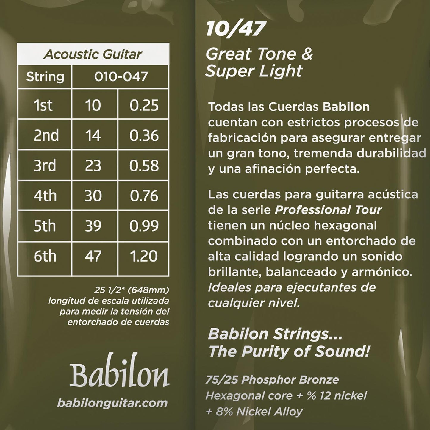 Set de Cuerdas para Guitarra Acústica (0.010-0.047) 75/25 BAG20/010 BABILON.
