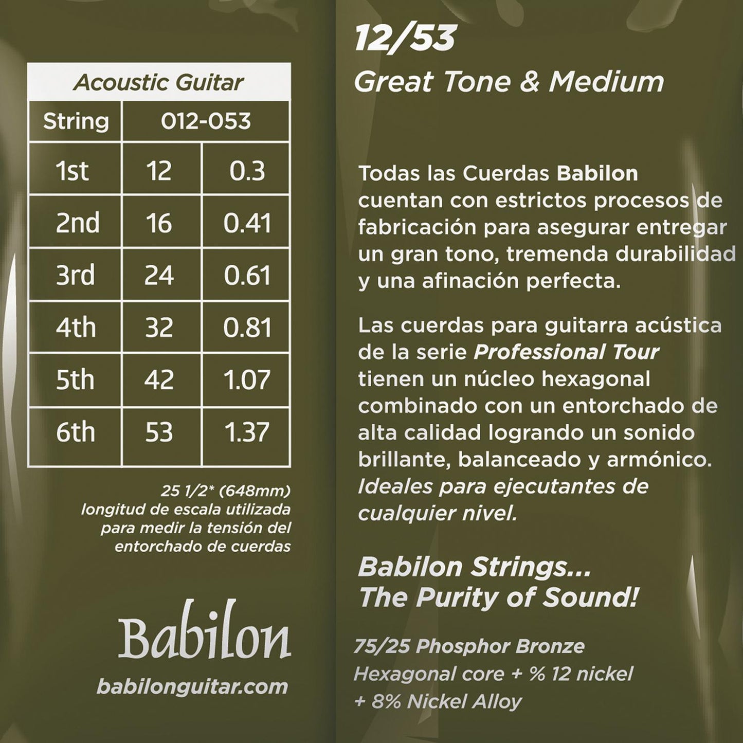 Set de Cuerdas para Guitarra Acústica (0.012-0.053) 75/25 BAG24/012 BABILON.